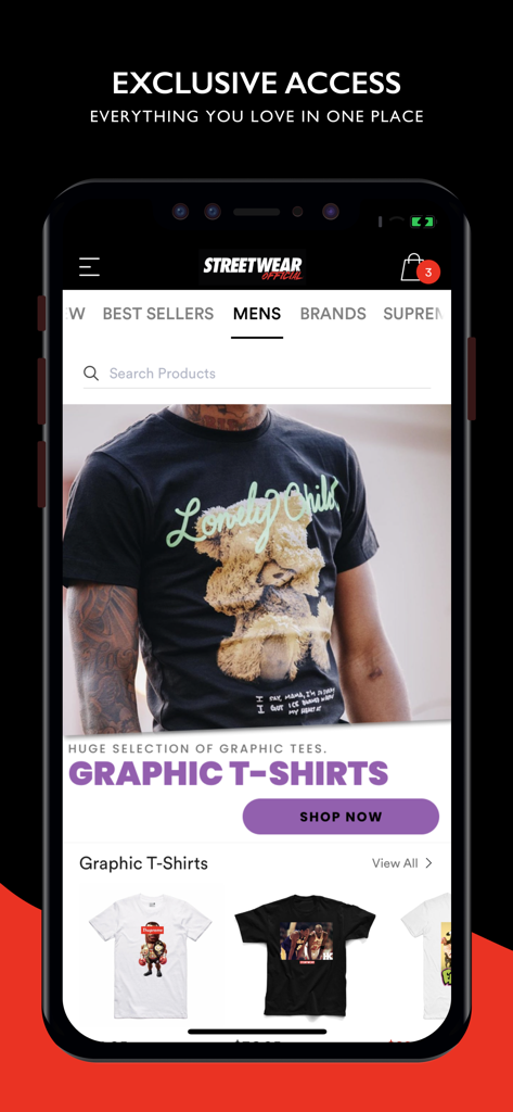 Streetwear Official - Streetwear Official app screen showing graphic t-shirts and mens fashion category