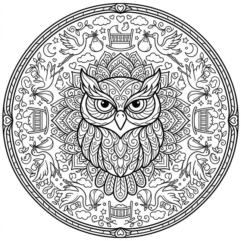 Welcome a new little one with this unique owl mandala, beautifully intertwining the wisdom of an owl with adorable baby shower themes. It's a perfect blend of intricate art and celebratory joy, ready for your creative touch.
