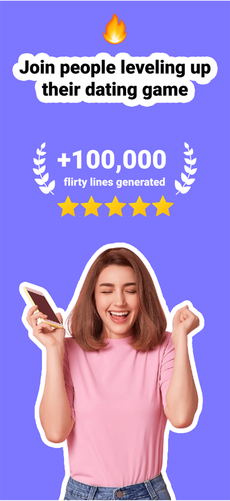 Wing AI - Flirt AI App - A cheerful woman celebrating her dating success with Wing AI flirty lines assistant showing over 100000 lines generated