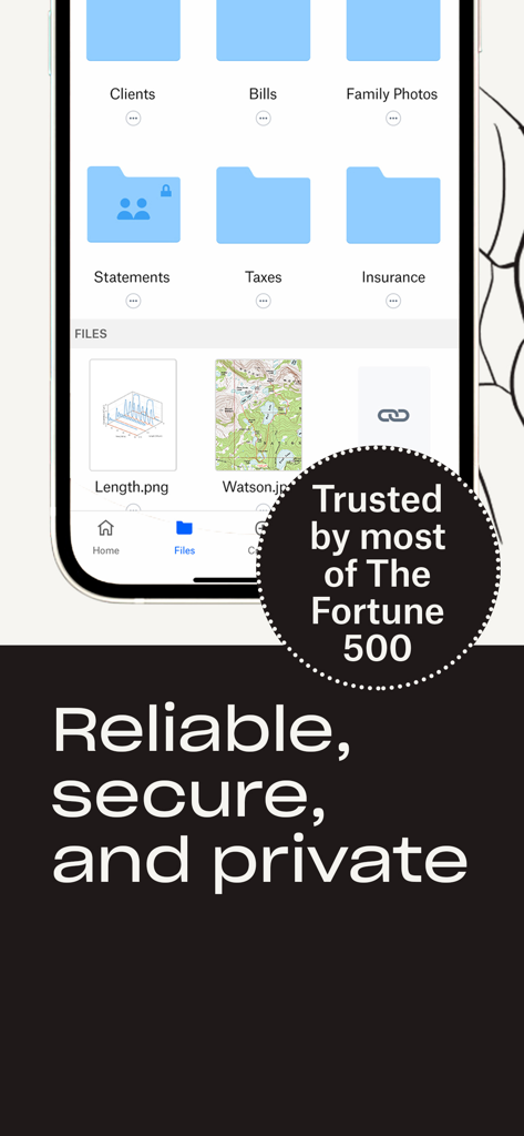 Dropbox EMM mobile app interface highlighting secure enterprise file storage and Fortune 500 trust badge