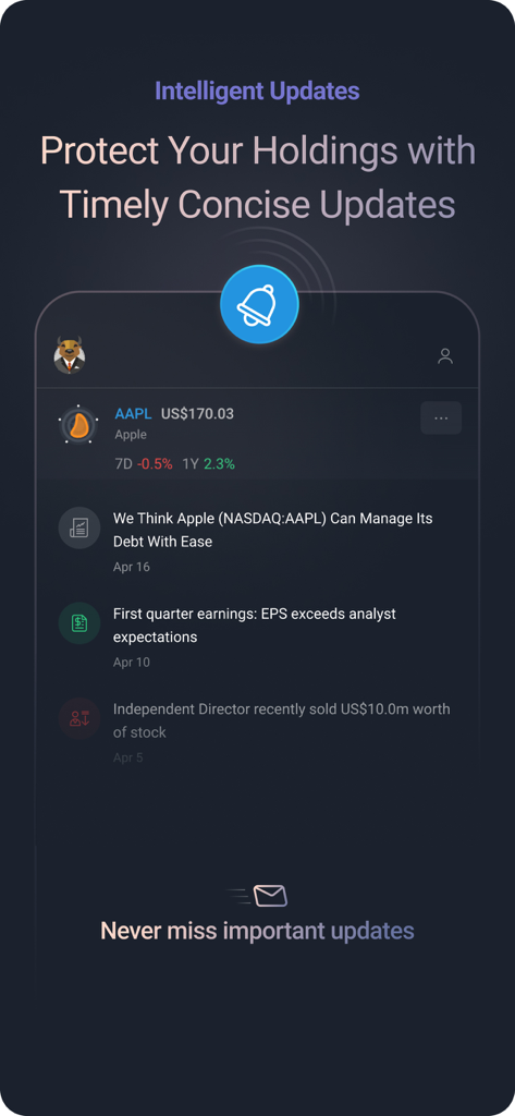 App interface showing timely stock alerts and concise financial updates for a portfolio.
