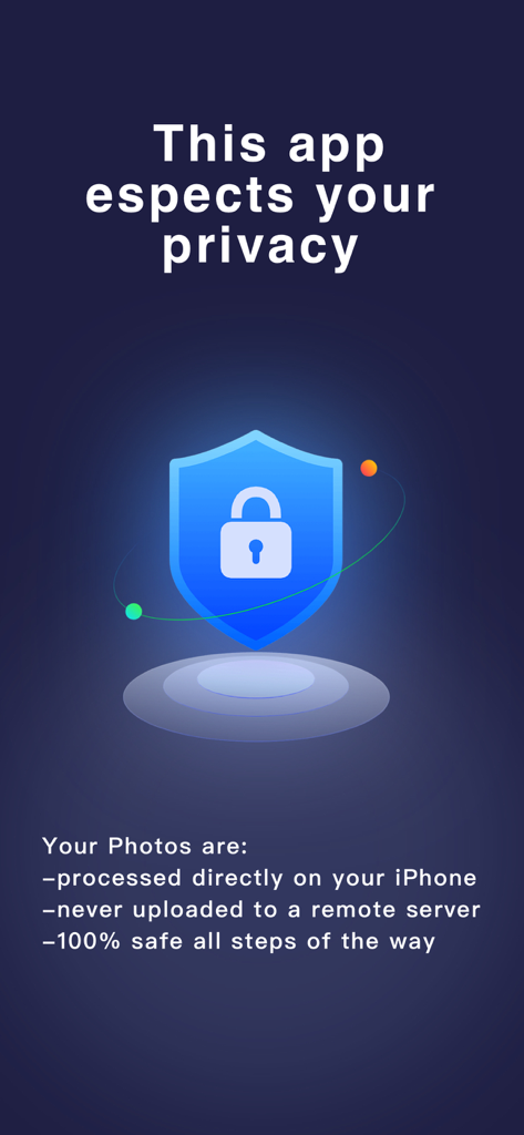 Photo Compress - PicSize - Tela de privacidade do aplicativo Photo Compress PicSize destacando o processamento seguro de fotos no dispositivo
