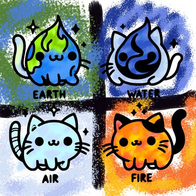 4 cats that represent the different elements, earth, water, air, and fire