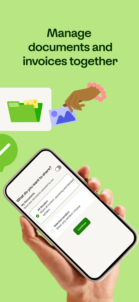 Smartphone screen showing the Kivra Suomi app with options to share documents and invoices