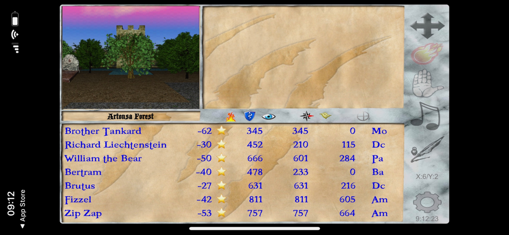 Silversword - First-person gameplay of Silversword RPG showing the party status screen and Artonsa Forest view