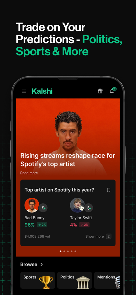 Kalshi mobile app interface showing prediction trading for top Spotify artists sports and politics