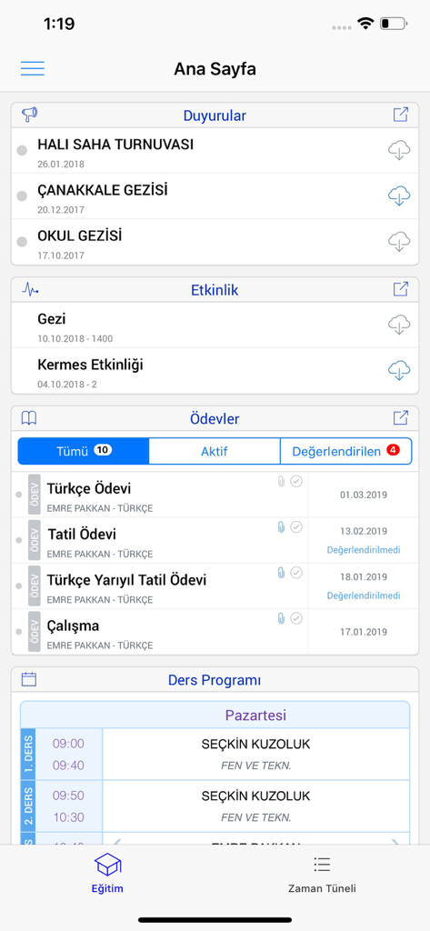Akbim OBS - Interface of the Akbim OBS mobile app showing sections for school announcements, activities, homework, and class schedules.
