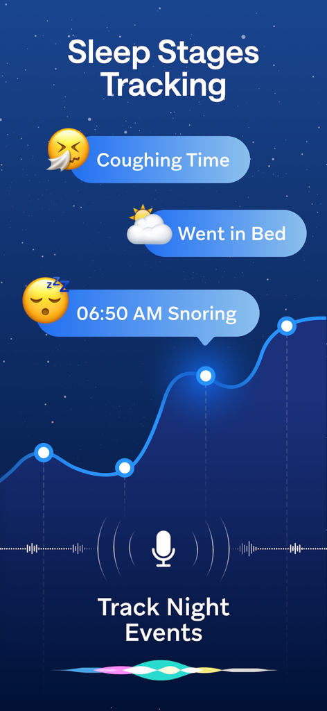 Mobile app interface showing sleep stages tracking with a line graph and night event tags for snoring and coughing.