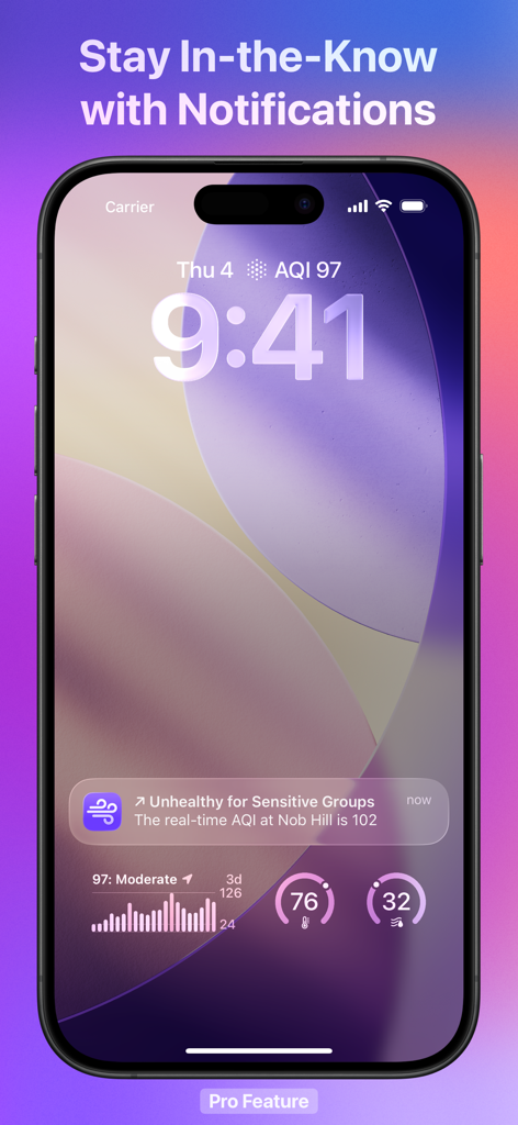 Paku for PurpleAir - Pantalla de bloqueo del iPhone que muestra alertas de calidad del aire en tiempo real y widgets AQI de la aplicación Paku