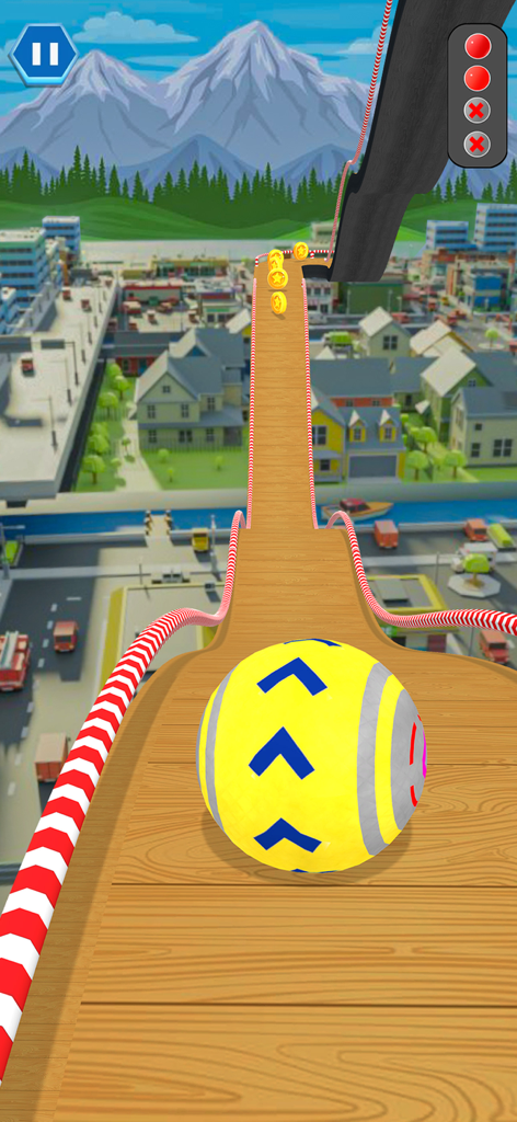 Hit Rolling Ball: Ball Game 3D - Yellow rolling ball on a wooden sky track above a 3D city