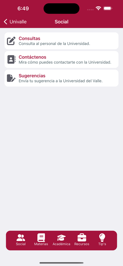 SIU - Sección social de la app SIU Univalle que presenta opciones para consultas, información de contacto y sugerencias