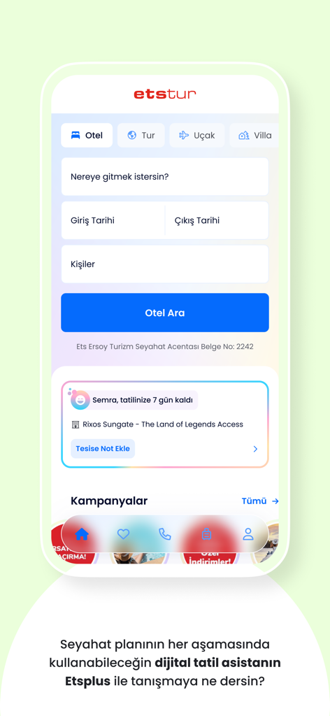 Etstur mobile app interface showing hotel search and travel planning options