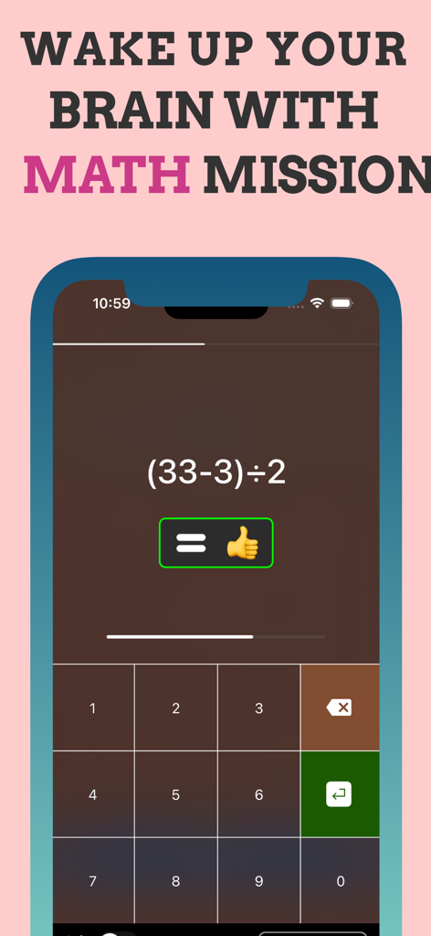 Alarmy . Smart Alarm Clock - Alarmy App-Bildschirm mit einer Mathe-Aufgabe, bei der eine Berechnung gelöst werden muss, um den Wecker auszuschalten