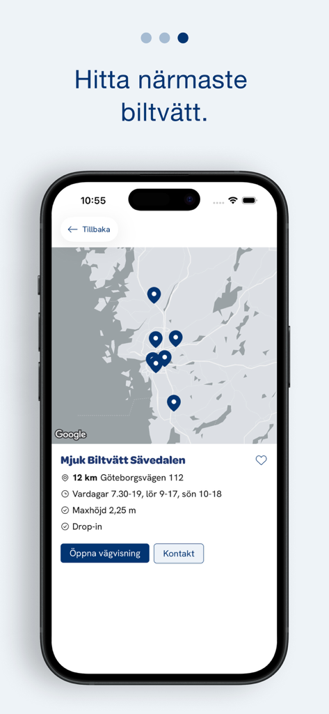 Map interface of the Mjuk Biltvatt app showing nearby car wash locations and site details