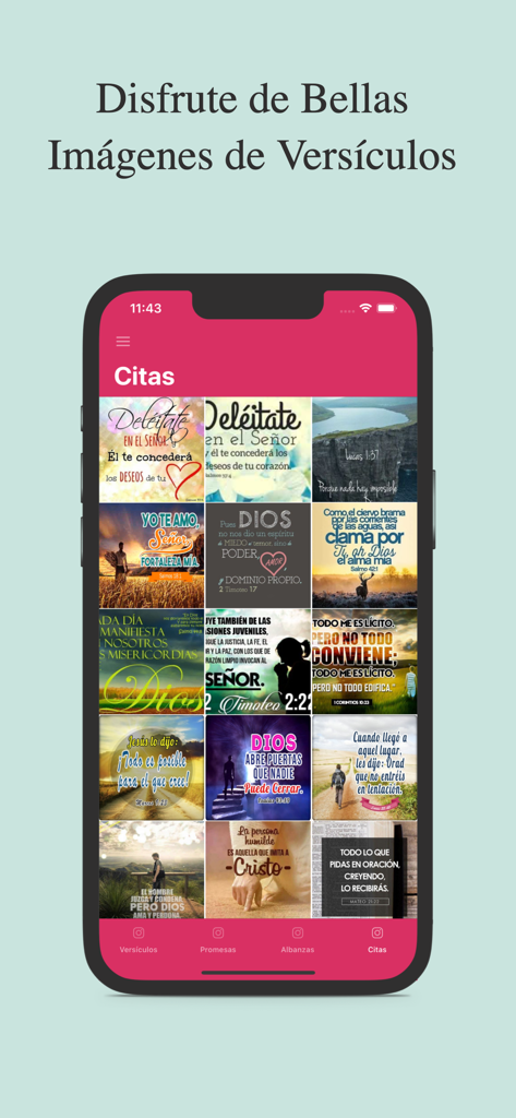 Devocionales para Mujeres - App interface showing a collection of Spanish Bible verse images and quotes for women.