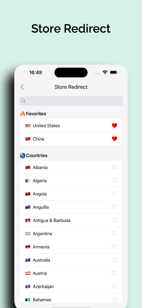 DevBox - Toolbox for Developer - Uma lista de países na interface do aplicativo DevBox usada para redirecionar para diferentes App Stores regionais para testes de localização.