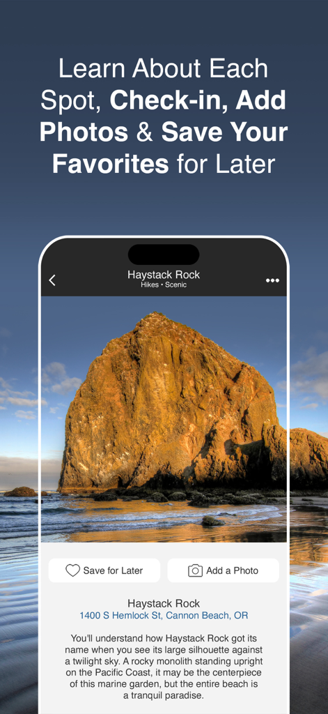 Oregon Coast Offline Guide - Screenshot dell'app Oregon Coast Offline Guide che mostra dettagli e una foto di Haystack Rock a Cannon Beach