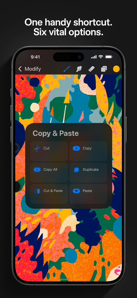 Menu contextuel de Procreate Pocket affichant les options copier et coller sur une illustration colorée sur iPhone.