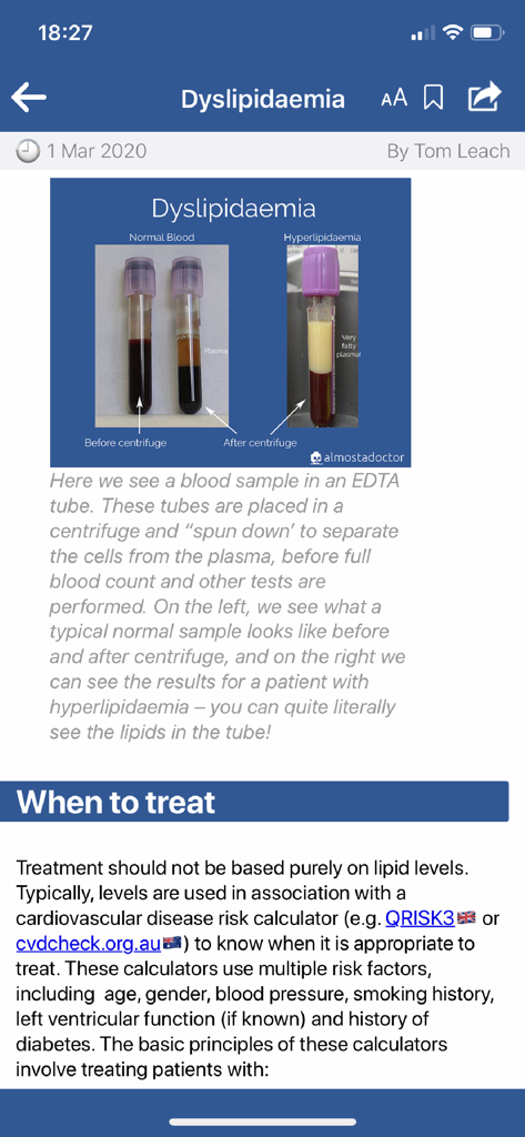 almostadoctor - A medical article on Dyslipidaemia within the almostadoctor app featuring a visual comparison of normal and hyperlipidaemic blood samples in centrifuge tubes.