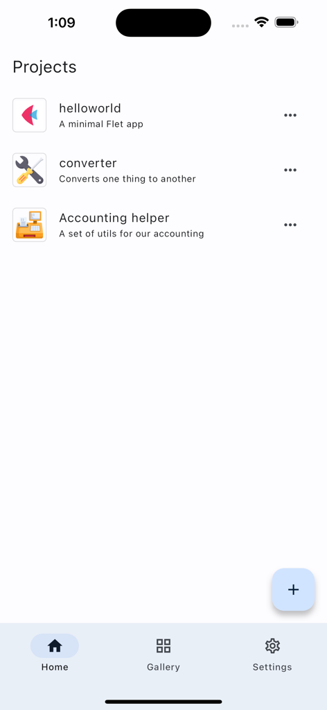 Flet - The Flet app project list screen displaying sample projects like helloworld and converter.