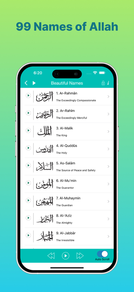 Islam Pro: Quran Prayer Qibla - Islam Pro app displaying the 99 Names of Allah with Arabic calligraphy and English translations