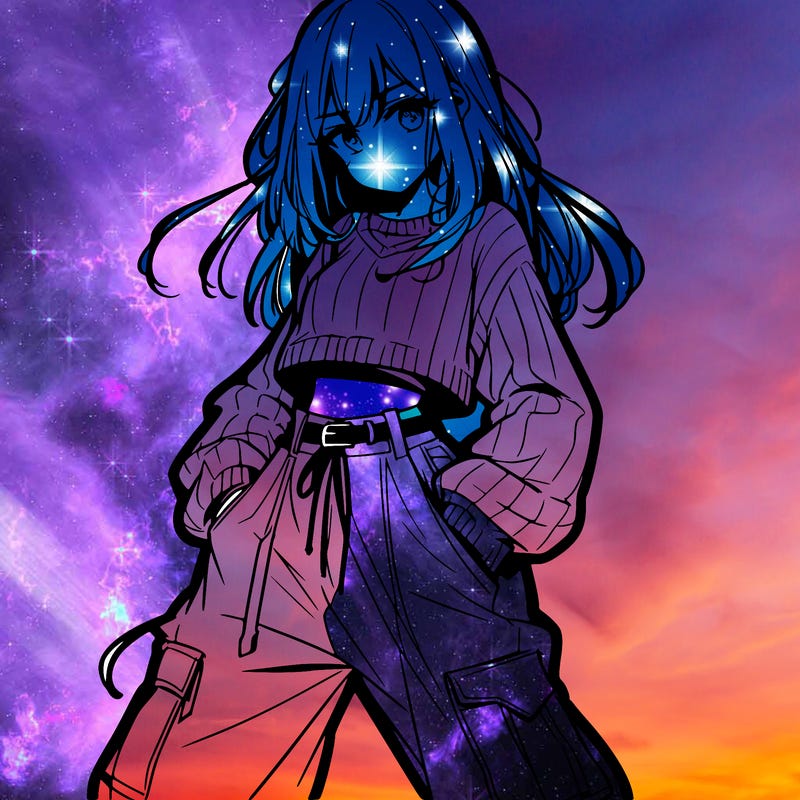 anime teen girl with baggy pants and crop top with sweater