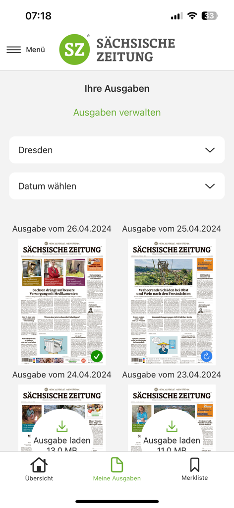 SZ E-Paper App-Oberfläche, die mehrere digitale Zeitungsauflagen für die Region Dresden anzeigt