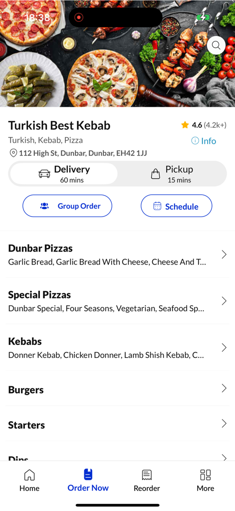 Écran de l'application mobile Turkish Best Kebab montrant le menu des plats et les options de livraison