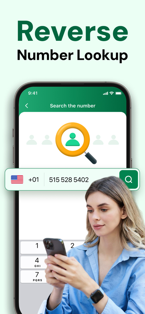 CallGuru: Reverse Phone Lookup - A woman using CallGuru app on an iPhone to perform a reverse phone number search