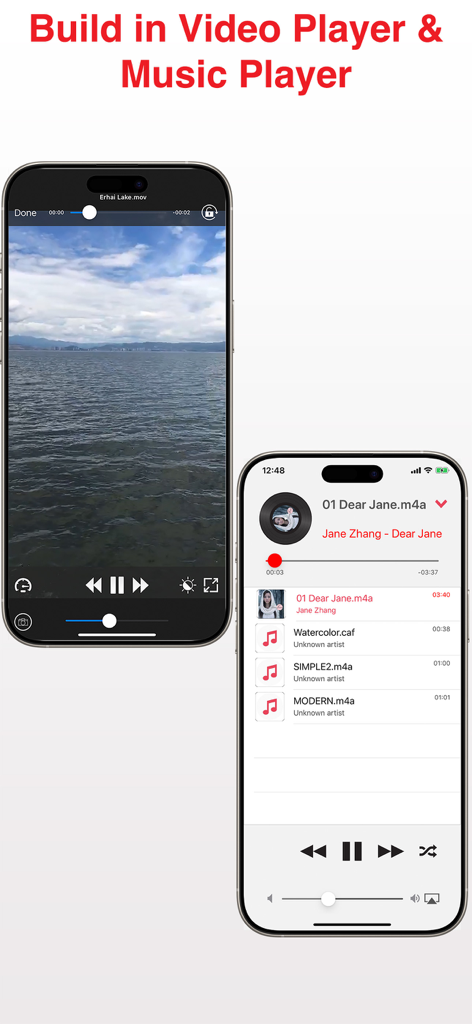 Unzip Pro: ZIP RAR Unarchiver - Interfaz que muestra las funciones integradas de reproductor de video y música de la app Unzip Pro.