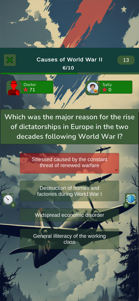 World War 2 Knowledge Quiz - Une bataille multijoueur dans l'application Quiz de connaissances sur la Seconde Guerre mondiale montrant une question historique sur les dictatures européennes.