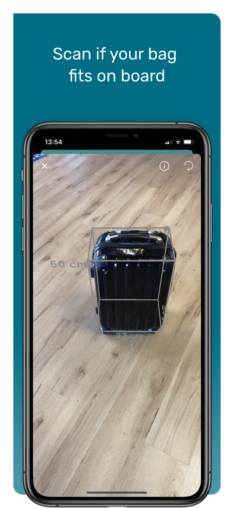 Travellink app AR luggage scanner checking if a suitcase fits on board