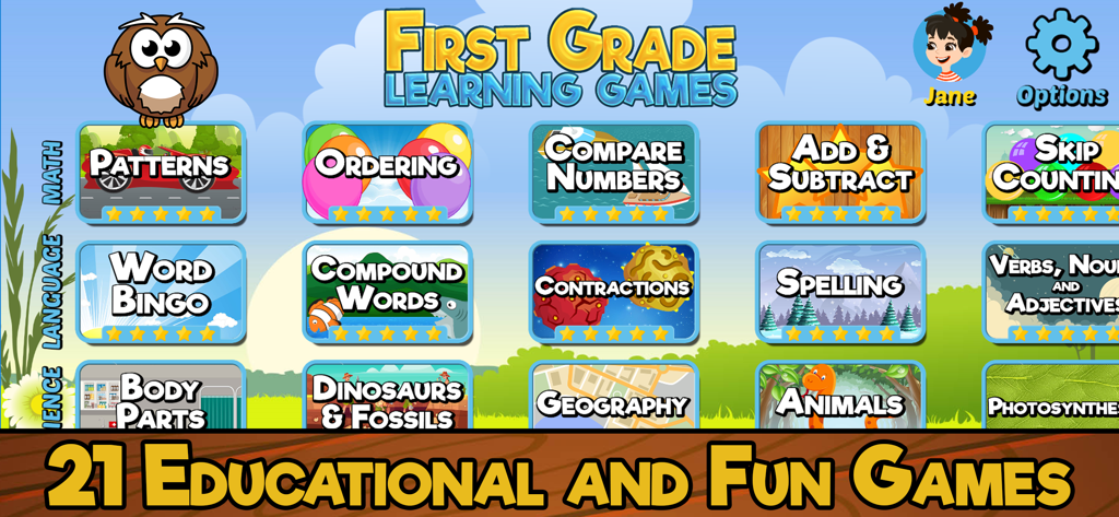 First Grade Learning Games - Main menu of First Grade Learning Games app showing educational game categories for math, language, and science.
