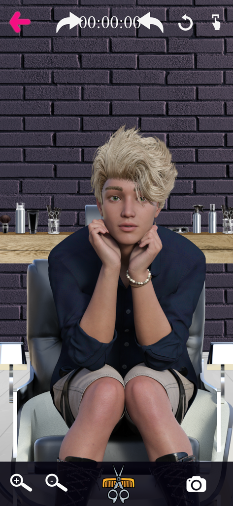 A young blonde male character sitting in a barber chair within the Barber Chop app interface