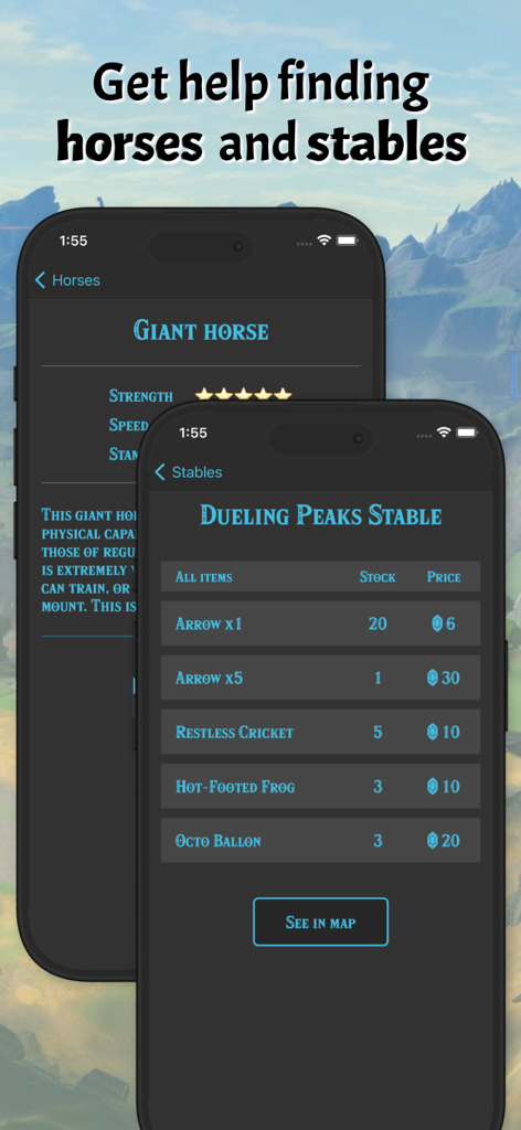 Breath of the Wild Begleit-App, die Pferdestatistiken und Stallinventar anzeigt