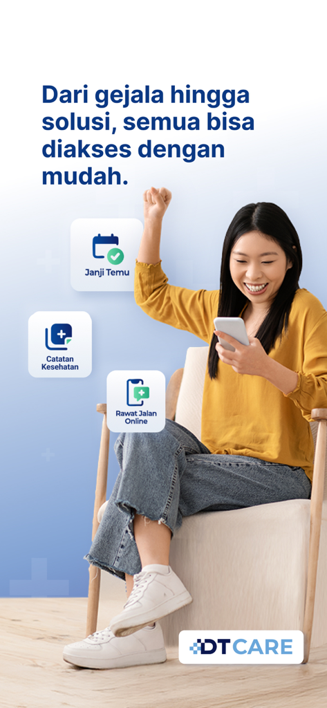 DT Care - DoctorTool Mobile - A woman happily using the DT Care app to access medical appointments and health records on her smartphone