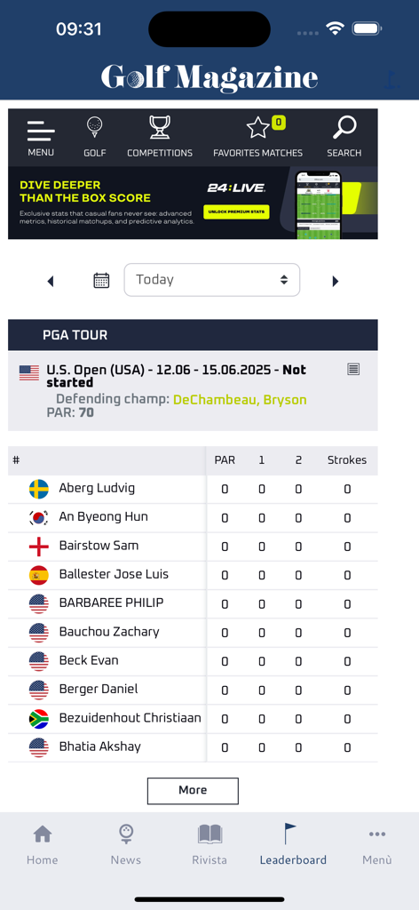 Golf-Magazine - L'app Golf Magazine mostra una classifica live del PGA Tour per il US Open con classifiche e punteggi dei giocatori.