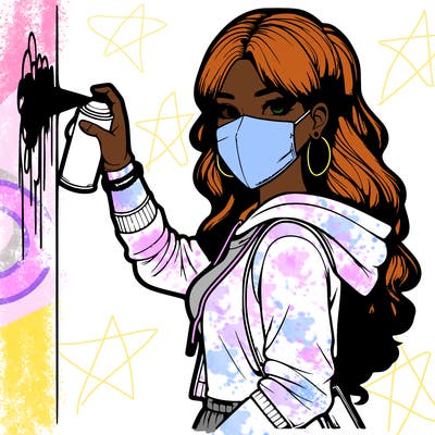 realistic girl with mask spray painting a wall