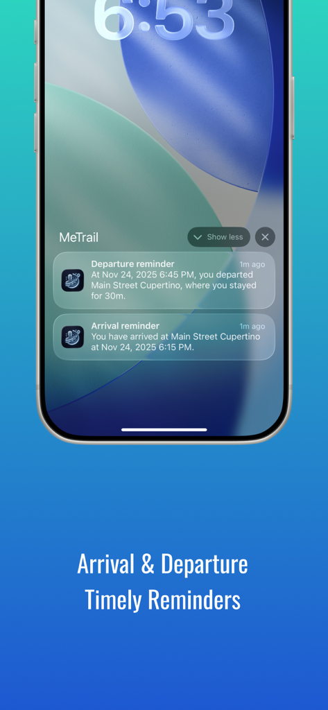 MeTrail - iPhone lock screen displaying MeTrail automatic arrival and departure reminders