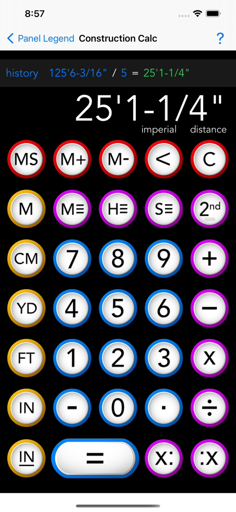 Panel Legend 2 - Interfaz de la herramienta de calculadora de construcción en la aplicación Panel Legend 2 que muestra cálculos de distancia imperiales