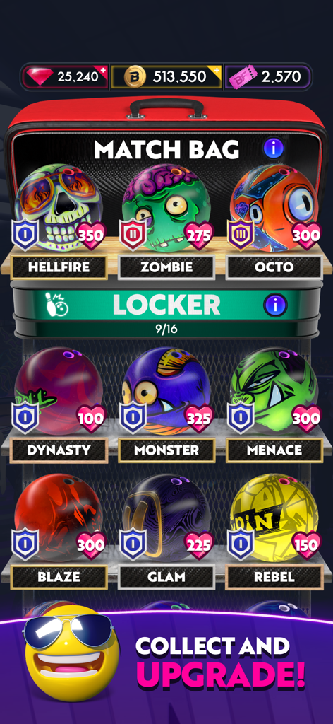 Bowling Fury: Ten Pin King - Una exhibición de varias bolas de bolos personalizadas como Hellfire y Zombie en los menús de taquilla y bolsa de partida.