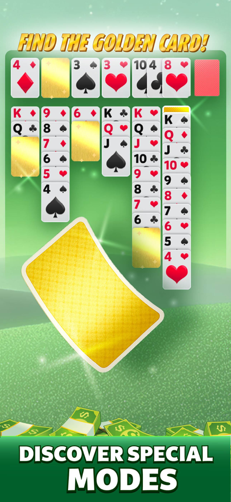 Solitaire - Win Cash - Interface do jogo Solitaire com cartas douradas e pilhas de dinheiro representando modos de jogo especiais