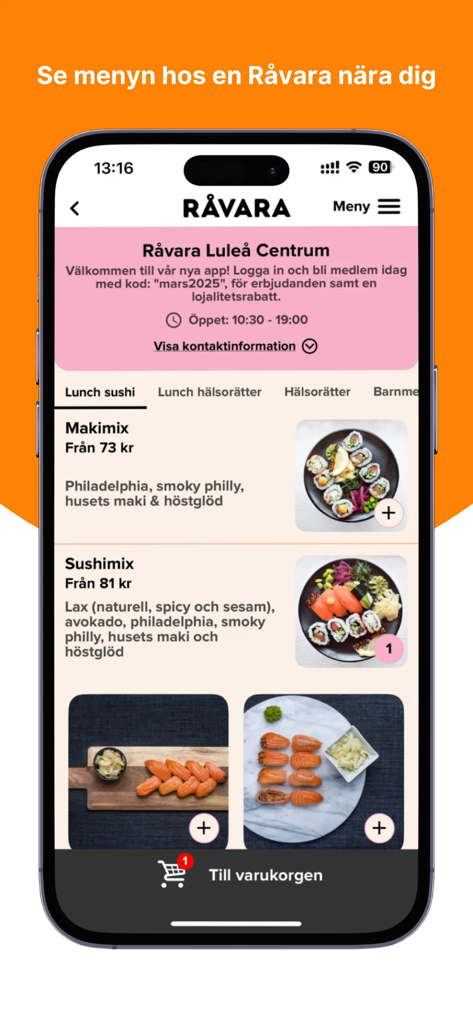 Råvara mobile app interface displaying a fresh sushi lunch menu.