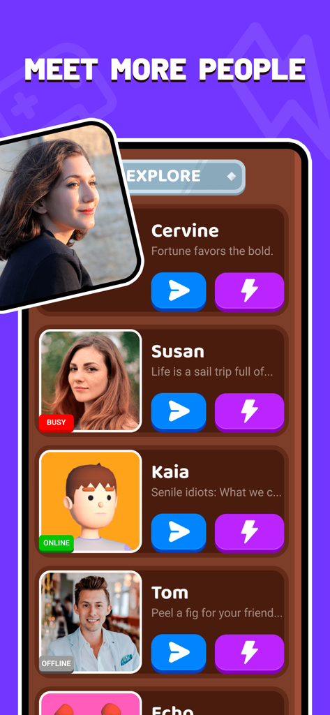 Écran mobile montrant la section d'exploration de l'application Yolo avec des profils d'utilisateurs et des avatars.