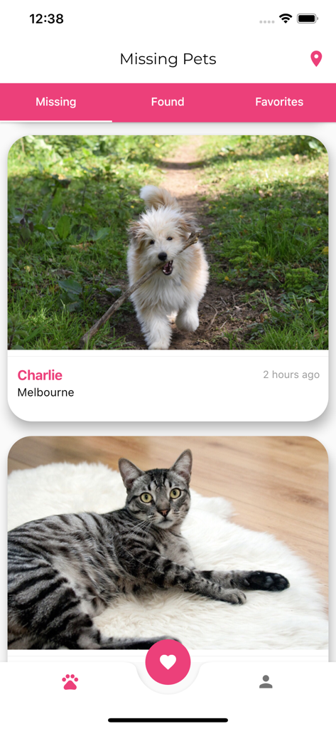 Missing Pets app feed showing reports of lost dogs and cats
