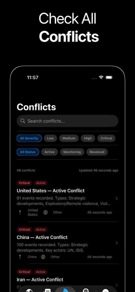 World Monitor App - World Monitor App dashboard showing active global conflicts and severity filters.