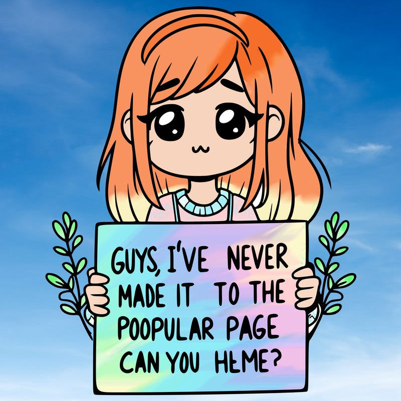 a girl holding up a sign that says, guys, i’ve never made it to the popular page, can you help me?