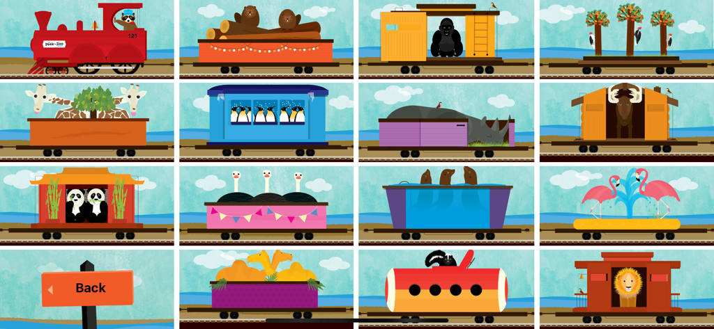 Una cuadrícula de coloridos animales dibujados a mano montando en varios vagones de tren en la aplicación Peek-a-Zoo.