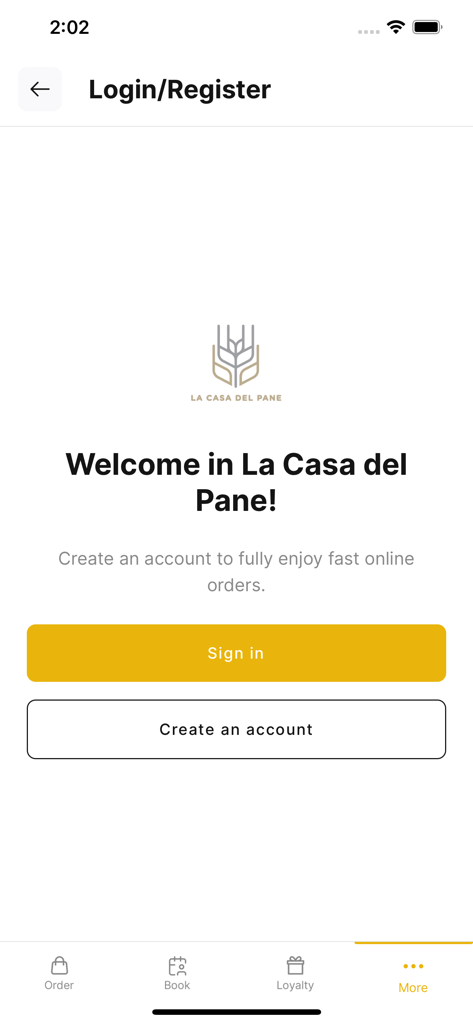 La Casa del Pane Urbino - Login and registration page for the La Casa del Pane Urbino bakery app
