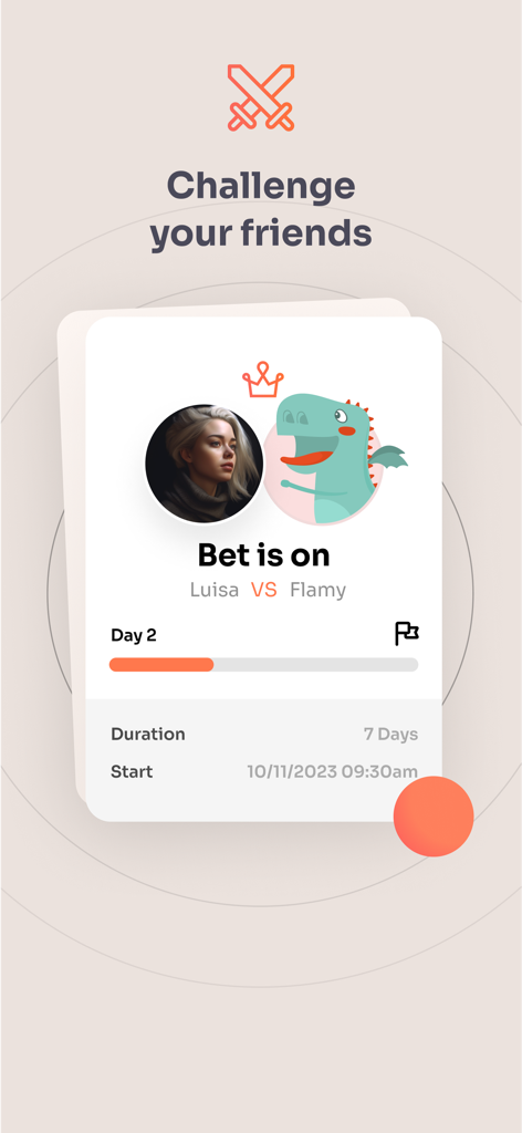 Interface of the Flamy app showing a smoke free bet challenge between friends
